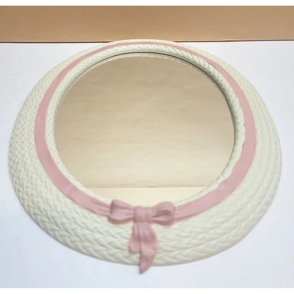 Vtg Burwood Wicker Style Wall Decor Set 6pc White w/Pink Bow Mirror Shelf Hearts
